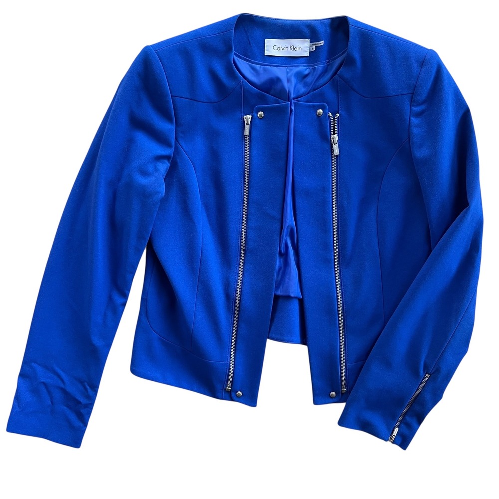 Calvin Klein Women's 6 Royal Blue Lapis Zipper Accent Open Fr Moto Jacket Blazer